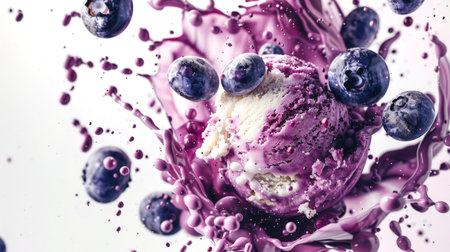 Blueberry ice cream is a delicious dessert. Blueberries are mixed with a ball of vanilla ice cream in the air on a white background. Drops of melted ice cream scatter in different directions. A natural product.の素材