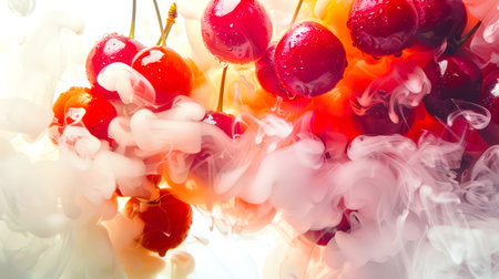 A group of juicy red cherries floats in a cloud of colored thick stylish smoke. Mystical food background. A natural organic product. A handful of cherries hovers in the air, surrounded by fogの素材
