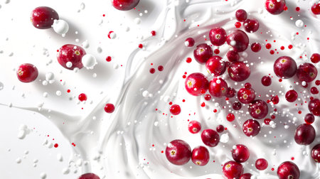 Useful lingonberry berries fall into white natural yogurt. Smoothies with cranberries. Delicious milkshake. Food background. The berries are scattered all over the background, creating a sense of chaos and disorder.の素材