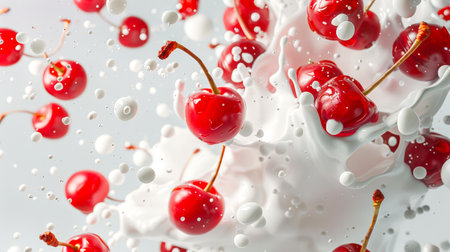 Fragrant juicy cherries are splashed in natural yogurt. A delicious snack. Splashes and drops of milk fly along with red cherries through the air. The image creates a playful mood. A natural organic productの素材