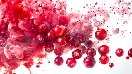 Food background. A natural organic product. Red lingonberry berries fly out of a thick red-pink stylish smoke on a white background. The berries are scattered all over the background, creating a sense of chaos and movementの素材