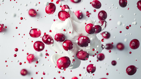 Cranberries hung in the air with sour cream. A milky white cream with whipped cream hovers in the air, surrounded by cranberries. The berries are scattered all over the image, creating a sense of chaos and movement. food backgroundの素材