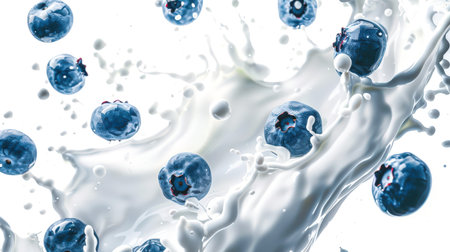 A natural milkshake with blueberries. Ripe juicy blueberries fall into a milky wave in the air on a white background. An organic product. Healthy eating. The concept of freshness and natural tasteの素材