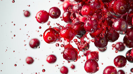 A handful of cranberries in drops of red juice hung in the air on a white background. Healthy juicy cranberries are surrounded by droplets of syrup, creating a feeling of movement and energy. The image conveys a feeling of freshness and vitalityの素材
