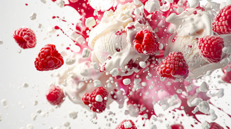 Dessert of sweet vanilla ice cream sprinkled with raspberries. A mix of raspberries and ice cream. Food background. The image is made in a playful and funny style. A natural organic productの素材