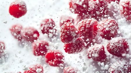 A handful of raspberries in powdered sugar. Close-up of a bunch of raspberries covered with white powder. Raspberries are scattered all over the image. A delicious snack. A natural organic product. Fast foodの素材