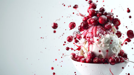 A delicious dessert is lingonberry ice cream. A white bowl with a scoop of vanilla ice cream and juicy ripe cranberries. A natural product. The concept of indulgence and abundance. food backgroundの素材