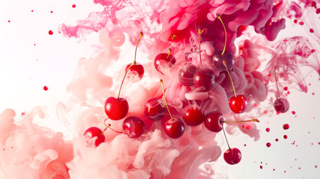 A bunch of fresh juicy cherry berries soars in a stylish thick pink smoke on a white background. The overall mood of the painting is dreamy and whimsical. A natural organic product. food backgroundの素材