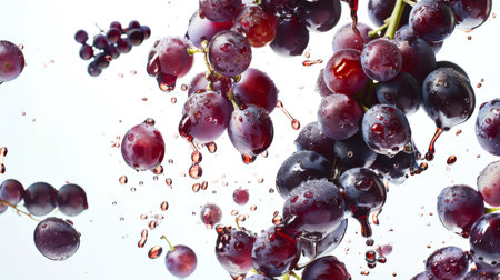Red grape berries in a splash of grape juice. Bunches of grapes float in the air in red drops. The concept of motion and energy. A delicious snack. Food background. A natural organic productの素材