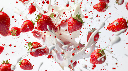 A delicious snack. Strawberry milkshake with strawberry slices flying in all directions. Juicy ripe strawberries are mixed with natural milk. An organic product. food backgroundの素材