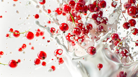 Splashes of white milk with red currant berries floating in it. The berries are scattered over the milk, creating a beautiful artistic effect. The concept of freshness and natural beauty. A delicious snack. A natural productの素材
