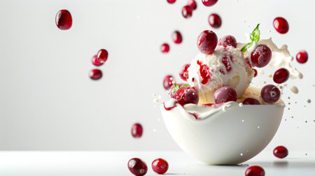 A bowl of vanilla ice cream with drops of cream and a handful of red cranberries. Delicious dessert. The vase is white, and the berries are scattered all over the ice cream. The concept of sophistication and enjoymentの素材