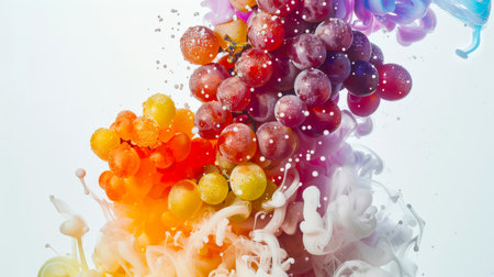 Food background. Grape berries fall in colored ink splashes in the water on a white background. Red and green grapes in a stylish thick colored smoke. A natural organic product. Healthy eatingの素材