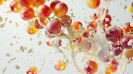 Yogurt with grape flavor. A bunch of grapes is splattered with milky drops and splashes. There is a playful and whimsical mood in the picture, as if the grapes are having funの素材