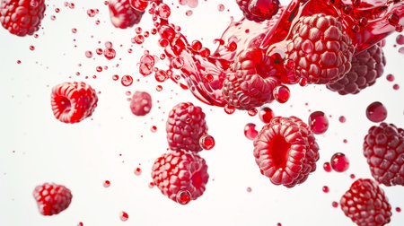 Raspberry wine. Close-up of a bunch of raspberries with splashes and drops of red juice. Raspberries are scattered all over the image. A delicious natural snack. An organic product. food backgroundの素材