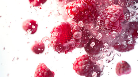 Close-up of fresh juicy ripe raspberries surrounded by water droplets. The concept of freshness and vitality. A delicious snack. A natural organic product. Food background. The Gifts of Summerの素材