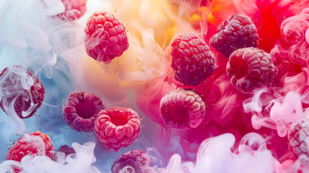A few juicy raspberries dance in the bright pink-blue-white swirling smoke. Close-up of a bunch of raspberries against a background of stylish colored smoke. The smoke gives the image a dreamy, surreal tone. food backgroundの素材