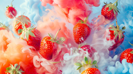 Ripe juicy delicious strawberries soar in a colorful thick stylish smoke. Colorful food background. The painting depicts a bunch of strawberries in a colorful cloud. The painting has a dreamy, surreal toneの素材