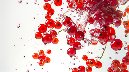 Washing red current berries. Close-up of red currant berries with water droplets around them. The concept of freshness and vitality. A natural organic product. Food background. A delicious healthy snackの素材