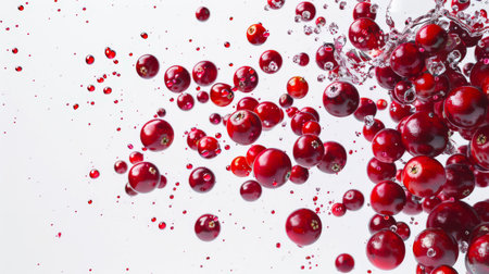 A handful of cranberries hovers in the air on a white background with drops of water and red syrup. A feeling of movement and energy, as if the berries are being blown away by a gust of wind. A natural organic product. food backgroundの素材