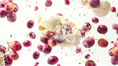 A red bunch of grapes and vanilla ice cream balls fly through the air on a white background. Grapes are scattered all over the image. A delicious refreshing dessert. Food background. A natural productの素材