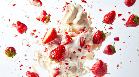 Delicious strawberry dessert with vanilla ice cream. Sweet ice cream with lots of whipped cream and fresh strawberries on top. A great snack. A natural product. food backgroundの素材