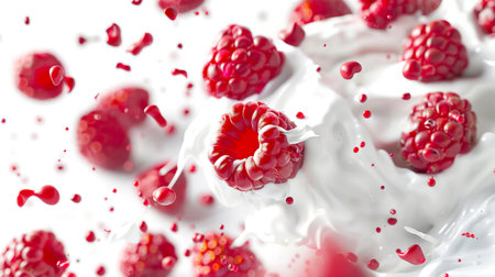 A close-up of the preparation of a milkshake with raspberries. Juicy ripe raspberries are drowning in white milk on a white background. Raspberries are scattered all over the background. The concept of abundance and freshness. A natural organic product.の素材