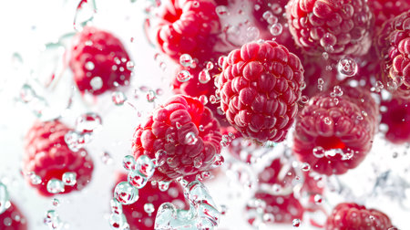 A delicious snack. Close-up of raspberry berries in drops of water. Raspberries are floating in the air. The process of washing raspberries in clean, clear water. Food background. The concept of freshness and healthの素材