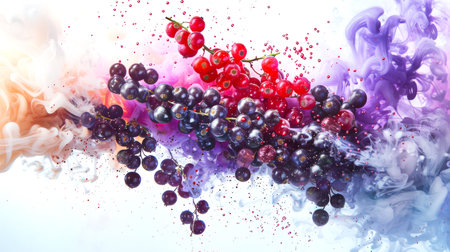 A mix of red and black currents in the air on a white background. Red and black currents float in colored clouds of smoke. Beautiful food background. A healthy snack. A natural organic product.の素材
