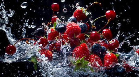 Berry explosion. Berry splash with water on a black background. Strawberries, raspberries, blueberries and cherries are mixed with pure spring water and water droplets fly in different directions.の素材