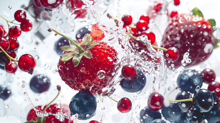 A refreshing detox with wild berries. Strawberries, blueberries and red currants combine with splashes of water in the air on a white background. Washing berries. The gifts of summer. A delicious healthy snackの素材