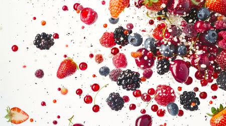 Clusters of raspberries, blueberries, blackberries, cherries, red currants and strawberries fly through the air. A feeling of movement and energy, as if the berries are in constant motion. Ingredients for a berry smoothieの素材