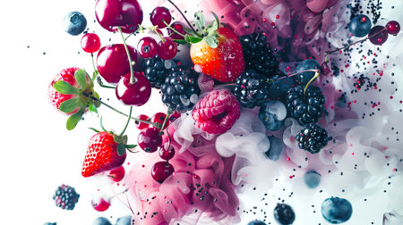 Close-up of strawberries, raspberries, blackberries, red currants and cherries in a thick stylish beautiful colored smoke on a white background. The image creates a bright and pleasant mood, and the fruits seem to be in motionの素材