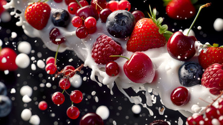 Berry and milk mousse. Close-up of raspberries, blueberries, strawberries, cherries and red currants mixed with milk on a black background. Healthy breakfastの素材