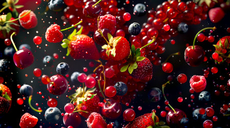 Berry explosion. Close-up of a bunch of berries, including cherries, red currants, blueberries and strawberries. The image turns out to be bright and cheerful, and the bright red colors of the berries create a feeling of freshnessの素材