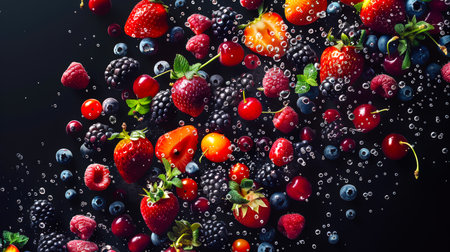 Close-up of a bouquet of raspberries, strawberries, blackberries, blueberries, cherries and red currants on a black background. The berries mix with water in the air. Summer berry mixの素材