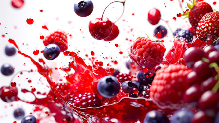 Berry wine. Splashes of juice from various summer berries are on a white background. The juice consists of cherries, strawberries, blueberries, red currants and raspberries. The concept of freshness and vitality, as well as a playful, creative moodの素材