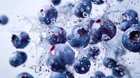 A close-up of blueberries with water droplets around them. The concept of freshness and vitality, as water droplets emphasize the natural beauty of blueberries. A useful berry. A natural product. food backgroundの素材