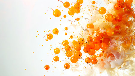 Orange sea buckthorn berries float in the air, surrounded by white smoke. A natural organic product. Food background. Juicy ripe sea buckthorn berries dance in the smoke. A delicious snackの素材