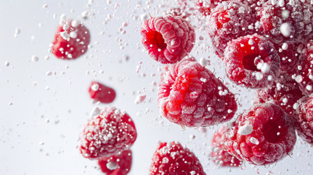 Close-up of raspberries in powdered sugar. Juicy ripe large raspberries dance in the air, covered with white powdered sugar. A delicious snack. A natural organic product. food backgroundの素材