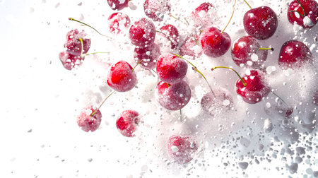 A handful of juicy cherries is sprinkled with powdered sugar. Delicious dessert. A healthy snack. Cherry berries float in the air mixing with powdered sugar. A natural organic product. food backgroundの素材