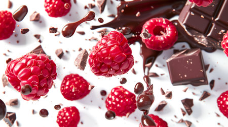 Raspberries in chocolate. Close-up of ripe juicy raspberries with chocolate drops and pieces of chocolate. The concept of sophistication and sweetness, as chocolate and raspberries are the main ingredients of the dessert.の素材