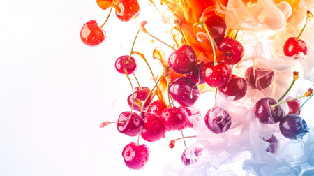 A delicious summer snack. A handful of cherry berries hangs in the air in a colorful stylish smoke on a white background. A colorful image of a cherry tree. A natural product. The image creates a bright and pleasant mood.の素材