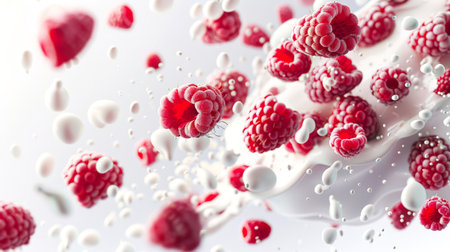 Close-up of a bunch of raspberries dancing in milky splashes and splashes. Raspberries are floating in the air on a white background. The concept of freshness and abundance. Food background. A natural organic productの素材