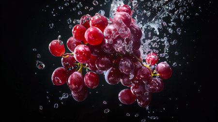 A branch of red grapes falls into the water, creating a bunch of splashes on a black background. The concept of freshness and healthy nutrition. Food background. A vegan diet. Delicious natural organic snack. Yummyの素材