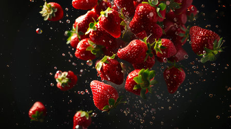 Juicy large strawberries fly into the air in drops of water on a black background. Healthy eating. A vegan diet. Food background. A natural product. The image has a playful and whimsical mood, as if strawberries are dancing in the airの素材