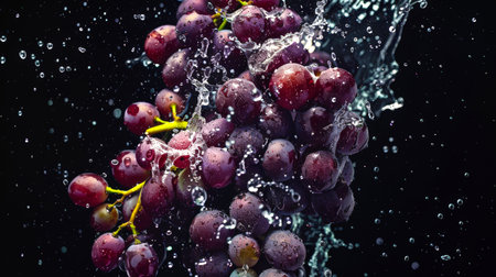A stream of clean water pours onto a bunch of red grapes. The process of washing grapes. A healthier diet. A delicious and healthy snack. Sweet dessert. Gifts of nature. A vegan diet.の素材