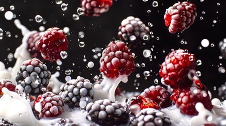 A delicious and healthy snack. Milkshake with raspberries and blackberries. A close-up of a bunch of raspberries and blackberries, on which white milk is sprinkled. The idea of playfulness and whimsicality, as if the berries were dancing in milk.の素材