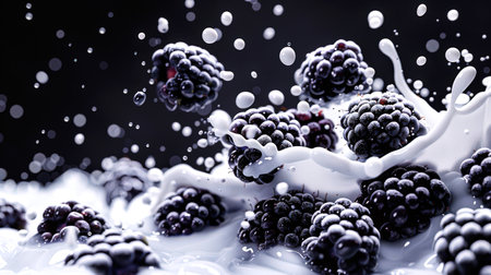 Smoothies with blackberries. Delicious milk cocktail with blackberries. A natural organic product. Blackberries splash in milk on a black background. Healthy eating. Food background. Summer snackの素材