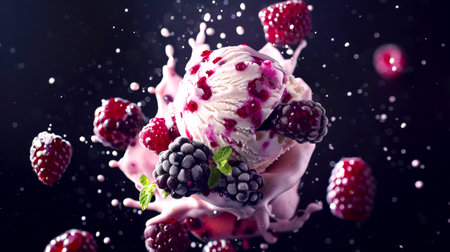 A close-up of a dessert with a ball of ice cream and raspberries and blackberries. A party of juicy berries, ice cream and cream in the air on a black background. Delicious sweet refreshing dessert. food backgroundの素材